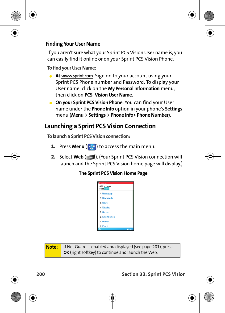 Launching a sprint pcs vision connection, Finding your user name | Samsung VI-A820 User Manual | Page 208 / 256