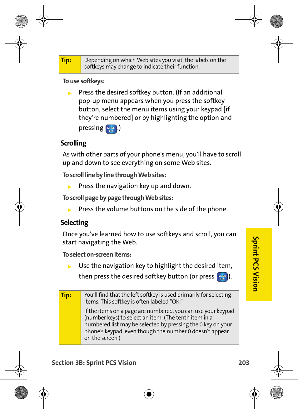 Sp rint pc s v isio n, Scrolling, Selecting | Samsung VI-A820 User Manual | Page 211 / 256