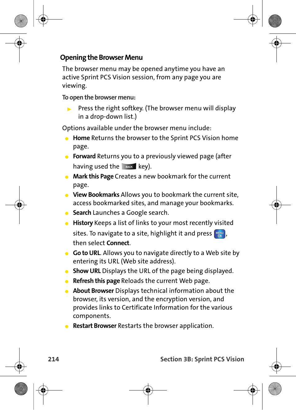 Opening the browser menu | Samsung VI-A820 User Manual | Page 222 / 256