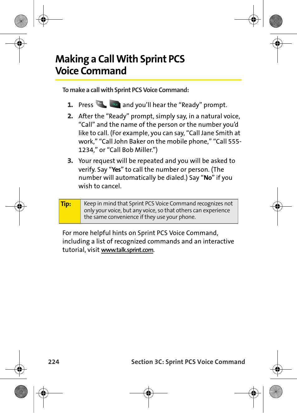 Making a call with sprint pcs voice command, Making a call with sprint pcs | Samsung VI-A820 User Manual | Page 232 / 256