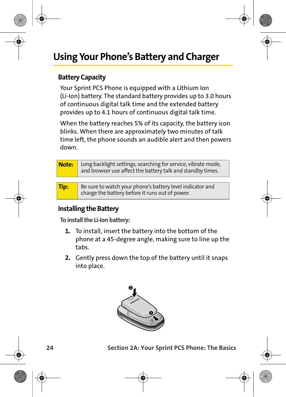 Using your phone’s battery and charger | Samsung VI-A820 User Manual | Page 32 / 256