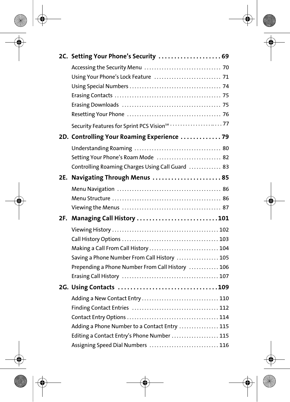 2c. setting your phone’s security 69, 2d. controlling your roaming experience 79, 2e. navigating through menus 85 | 2f. managing call history 101, 2g. using contacts 109 | Samsung VI-A820 User Manual | Page 4 / 256