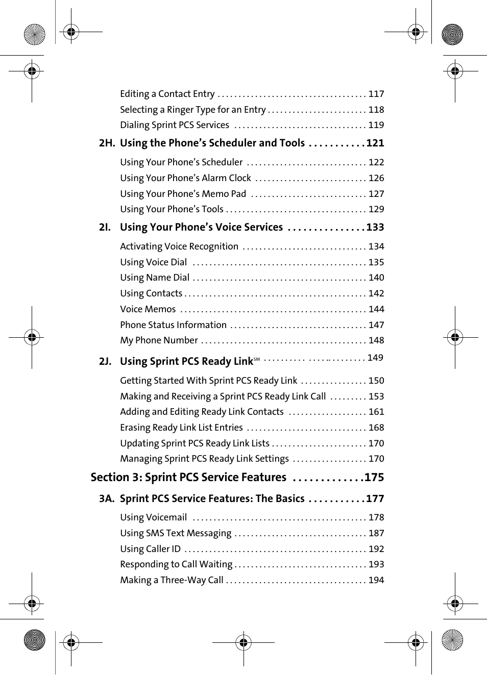 2h. using the phone’s scheduler and tools 121, 2i. using your phone’s voice services 133, 2j. using sprint pcs ready linksm 149 | Section 3: sprint pcs service features 175, 3a. sprint pcs service features: the basics 177 | Samsung VI-A820 User Manual | Page 5 / 256