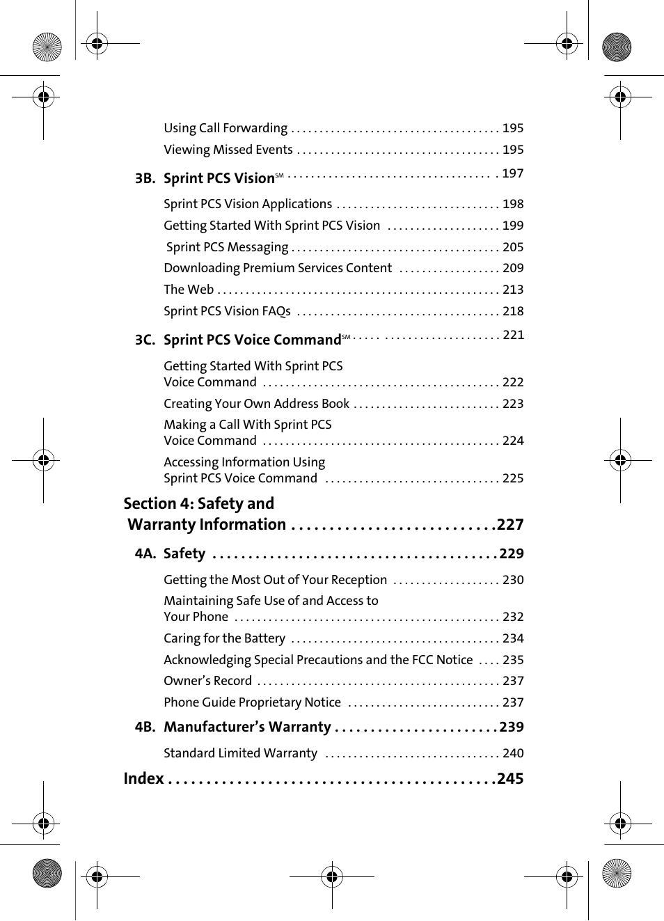 3b. sprint pcs visionsm 197, 3c. sprint pcs voice commandsm 221, Section 4: safety and warranty information 227 | 4a. safety 229, 4b. manufacturer’s warranty 239, Index | Samsung VI-A820 User Manual | Page 6 / 256