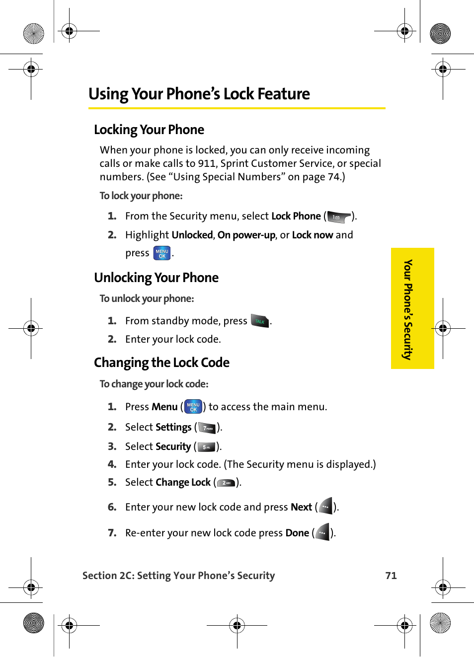 Using your phone’s lock feature, Locking your phone, Unlocking your phone | Changing the lock code | Samsung VI-A820 User Manual | Page 79 / 256