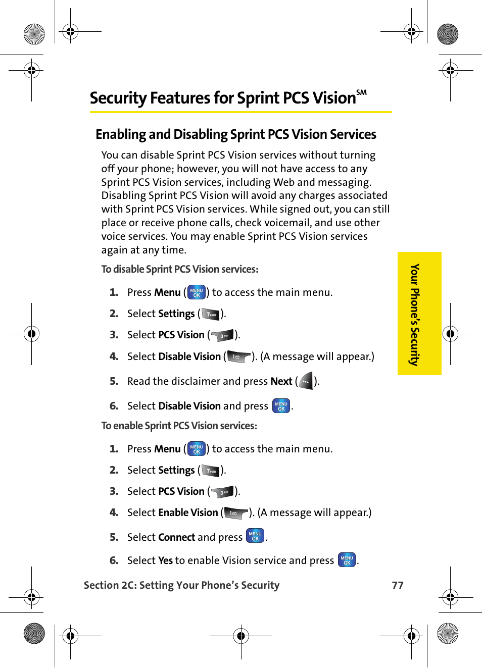 Security features for sprint pcs visionsm, Enabling and disabling sprint pcs vision services, Security features for sprint pcs vision | Samsung VI-A820 User Manual | Page 85 / 256