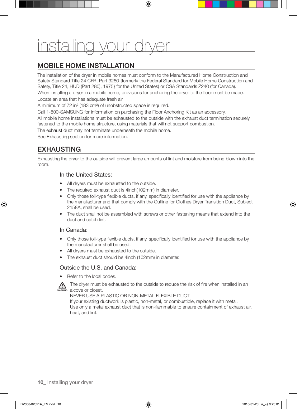 Installing your dryer, Mobile home installation, Exhausting | Samsung DV350AG* User Manual | Page 10 / 38