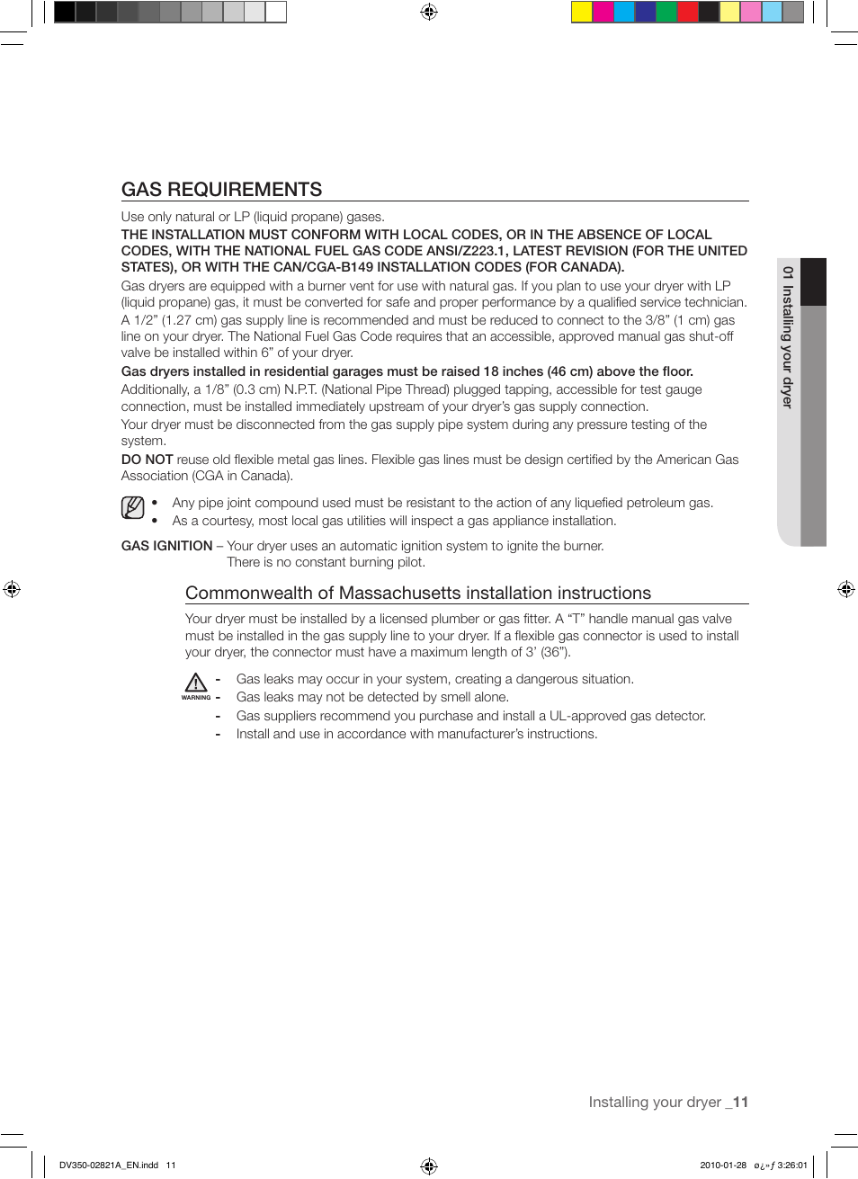 Gas requirements | Samsung DV350AG* User Manual | Page 11 / 38