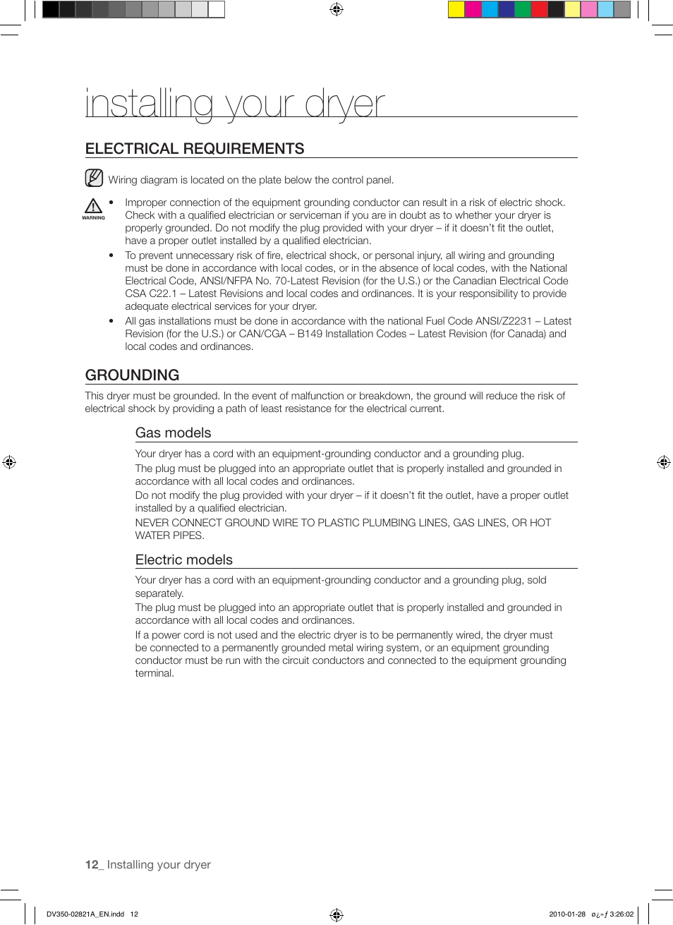 Installing your dryer, Electrical requirements, Grounding | Samsung DV350AG* User Manual | Page 12 / 38