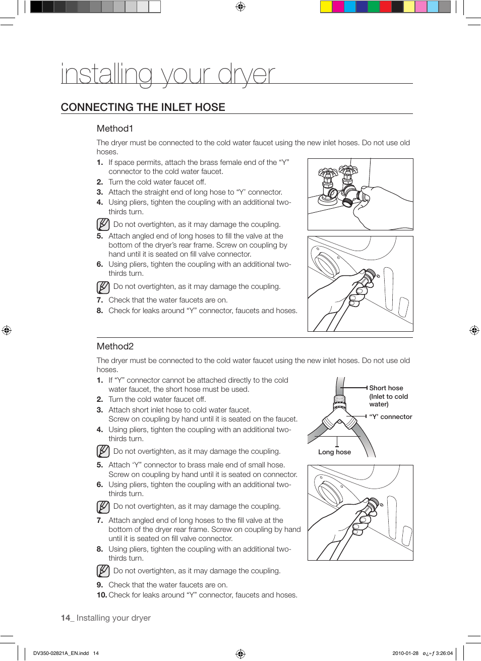 Installing your dryer, Connecting the inlet hose | Samsung DV350AG* User Manual | Page 14 / 38