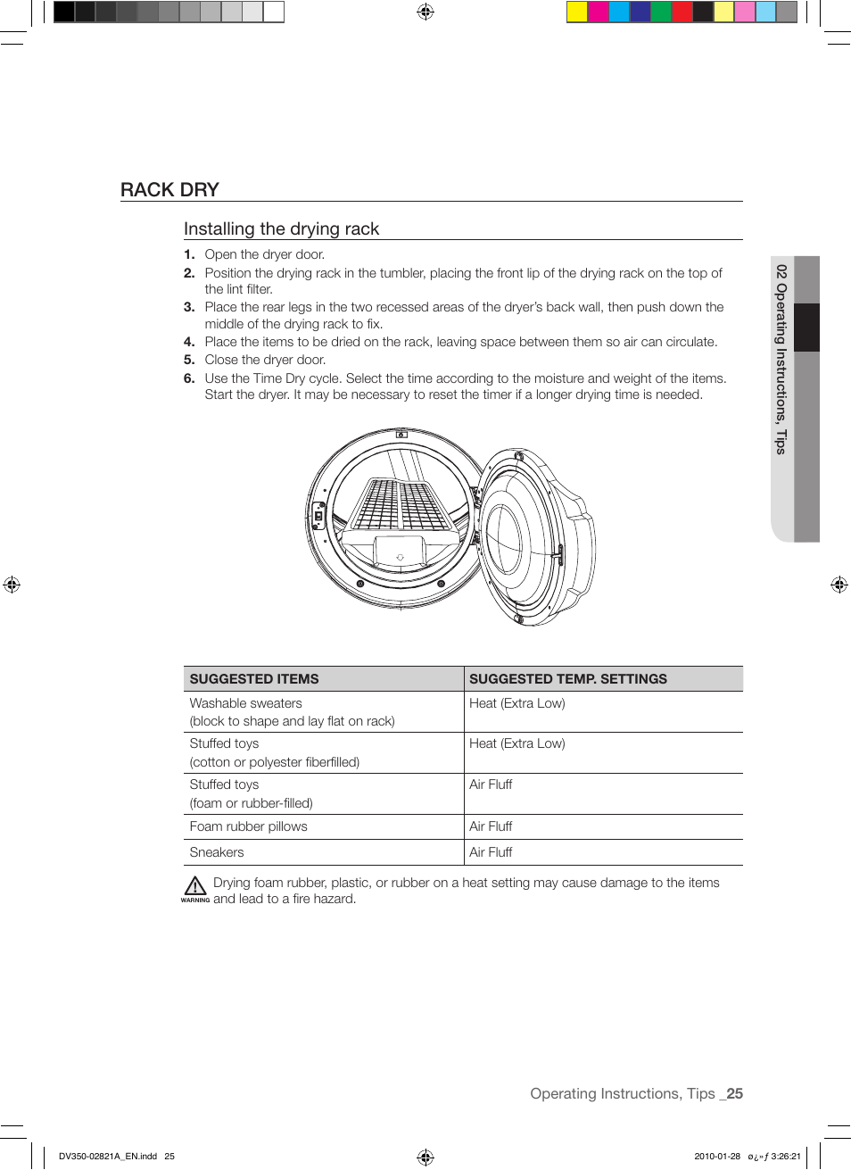 Rack dry, Installing the drying rack | Samsung DV350AG* User Manual | Page 25 / 38