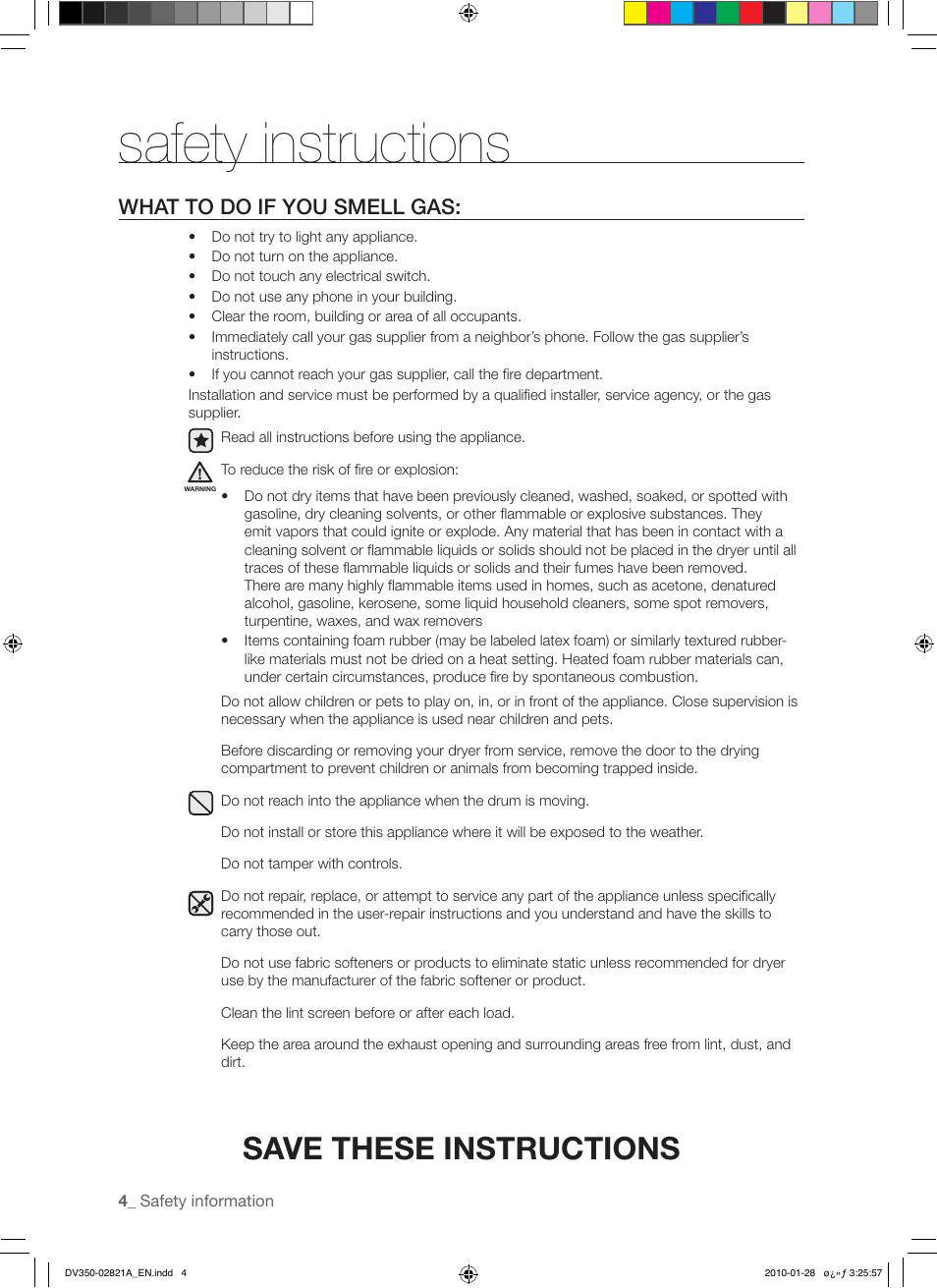Safety instructions, Save these instructions, What to do if you smell gas | Samsung DV350AG* User Manual | Page 4 / 38