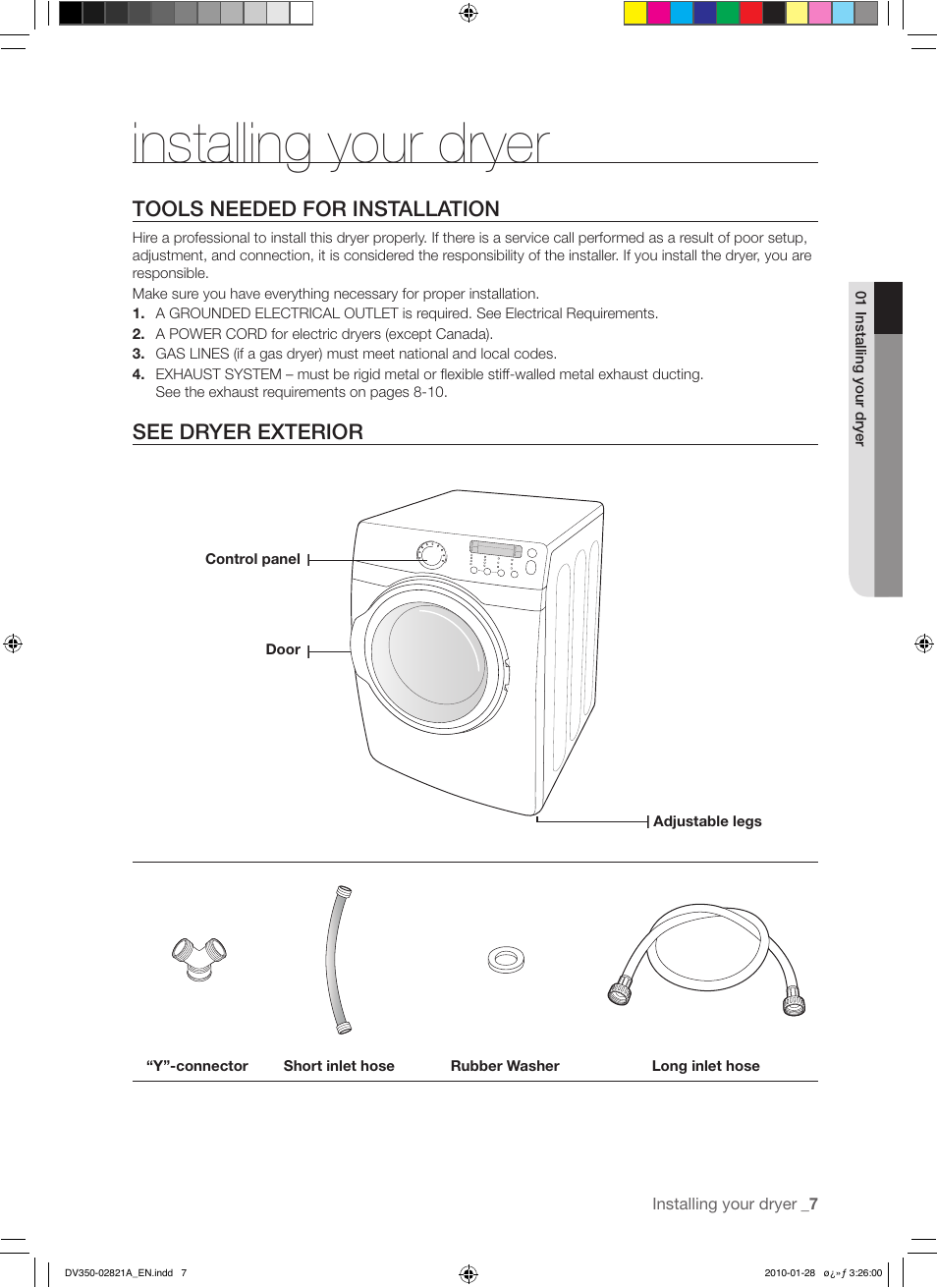Installing your dryer | Samsung DV350AG* User Manual | Page 7 / 38