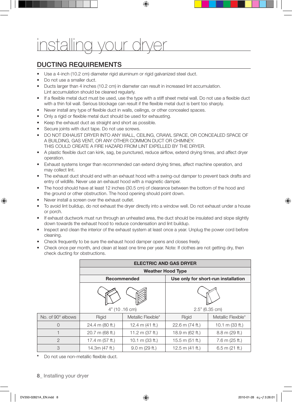 Installing your dryer, Ducting requirements | Samsung DV350AG* User Manual | Page 8 / 38