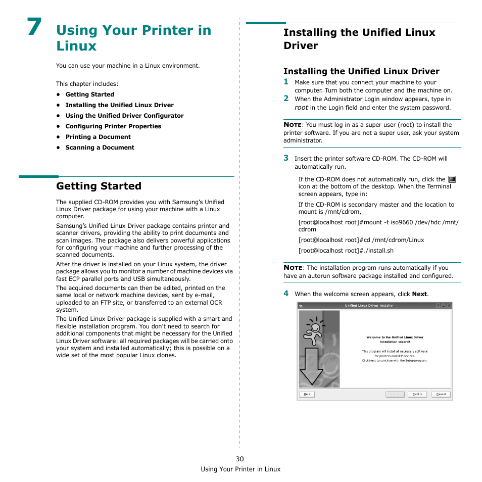 Using your printer in linux, Getting started, Installing the unified linux driver | Chapter 7, Sing, Rinter, Inux | Samsung CLX-216x User Manual | Page 102 / 117