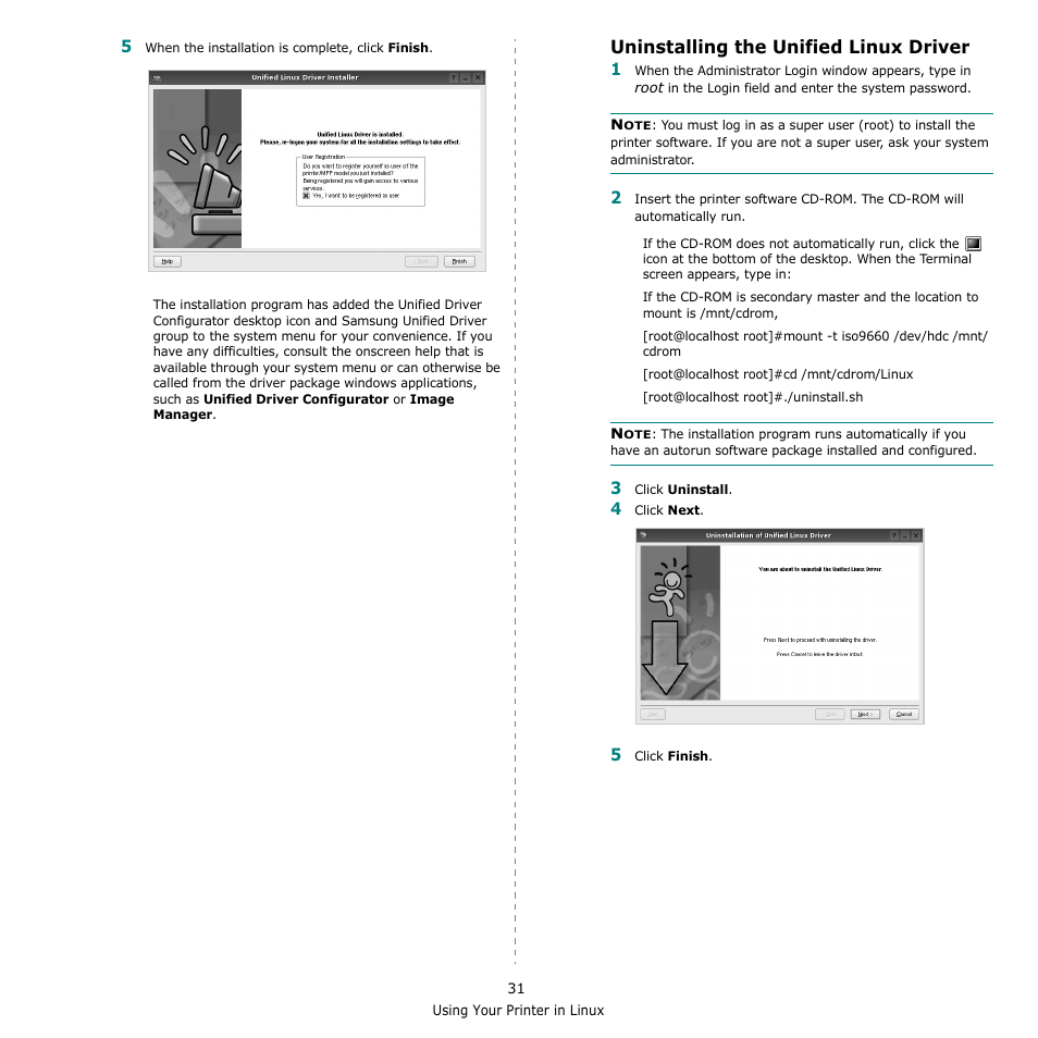 Uninstalling the unified linux driver | Samsung CLX-216x User Manual | Page 103 / 117