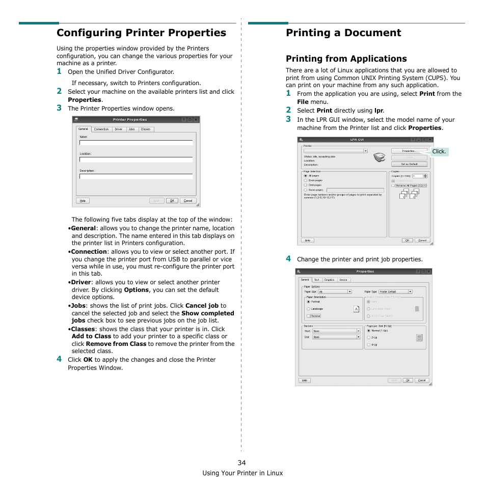 Configuring printer properties, Printing a document, Printing from applications | Configuring printer properties printing a document | Samsung CLX-216x User Manual | Page 106 / 117