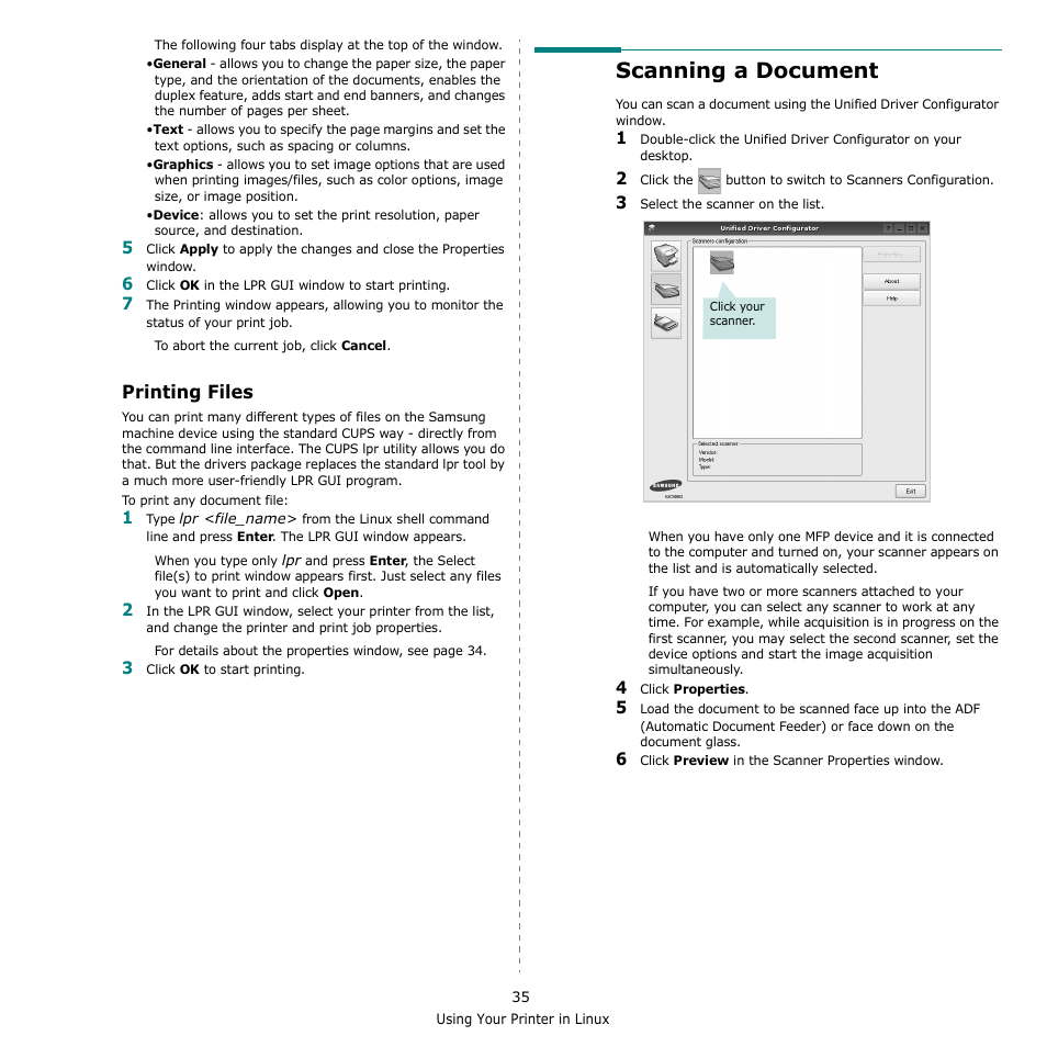 Printing files, Scanning a document | Samsung CLX-216x User Manual | Page 107 / 117