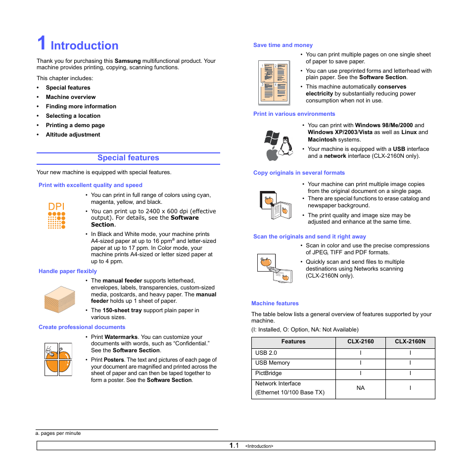 Introduction, Special features | Samsung CLX-216x User Manual | Page 11 / 117