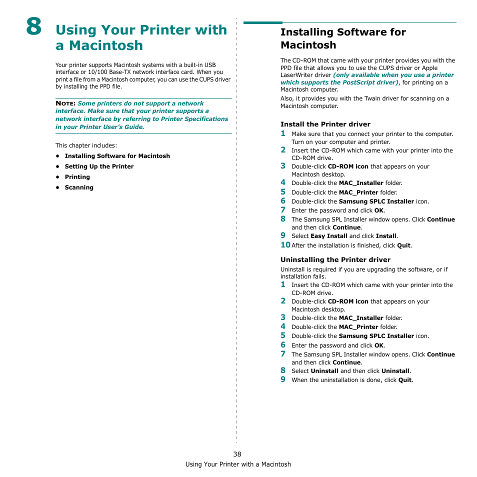 Using your printer with a macintosh, Installing software for macintosh, Chapter 8 | Sing, Rinter, With, Acintosh | Samsung CLX-216x User Manual | Page 110 / 117