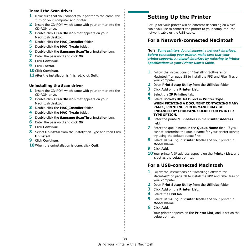 Setting up the printer, For a network-connected macintosh, For a usb-connected macintosh | Samsung CLX-216x User Manual | Page 111 / 117