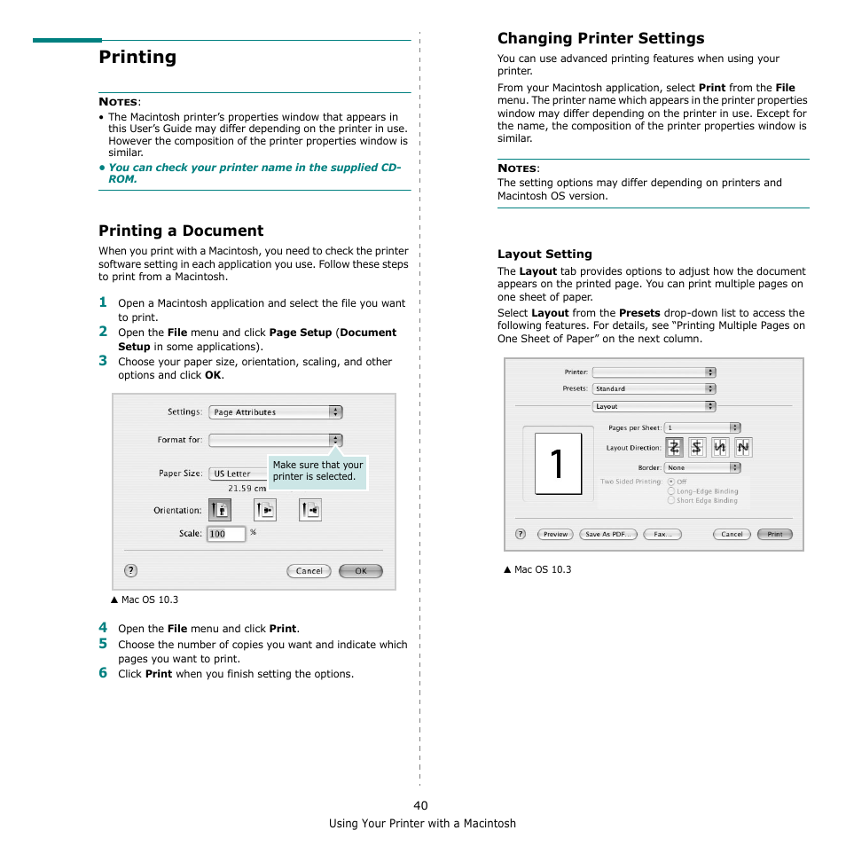 Printing, Printing a document, Changing printer settings | Printing a document changing printer settings | Samsung CLX-216x User Manual | Page 112 / 117