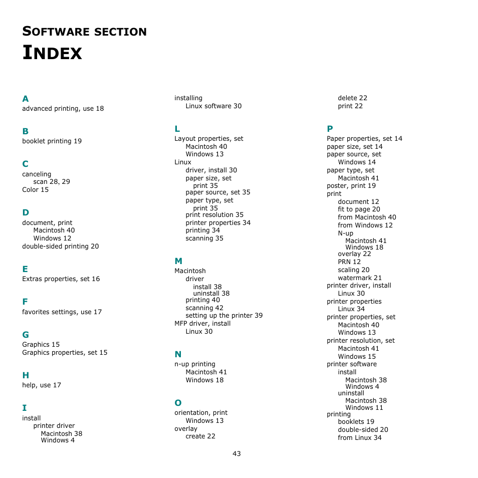 Software section index, Ndex, Oftware | Samsung CLX-216x User Manual | Page 115 / 117