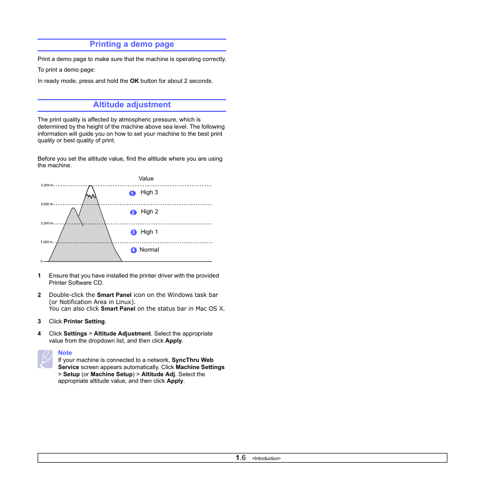 Altitude adjustment, Printing a demo page | Samsung CLX-216x User Manual | Page 16 / 117