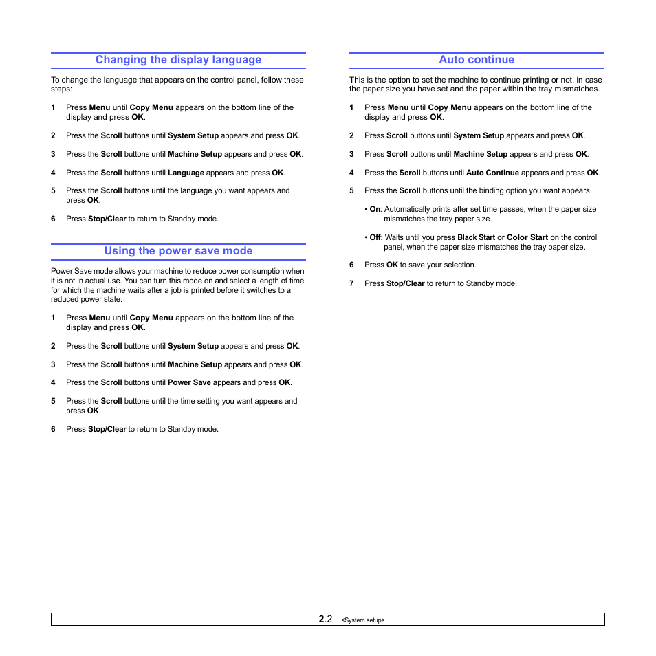 Changing the display language, Using the power save mode, Auto continue | Age 2.2) | Samsung CLX-216x User Manual | Page 18 / 117