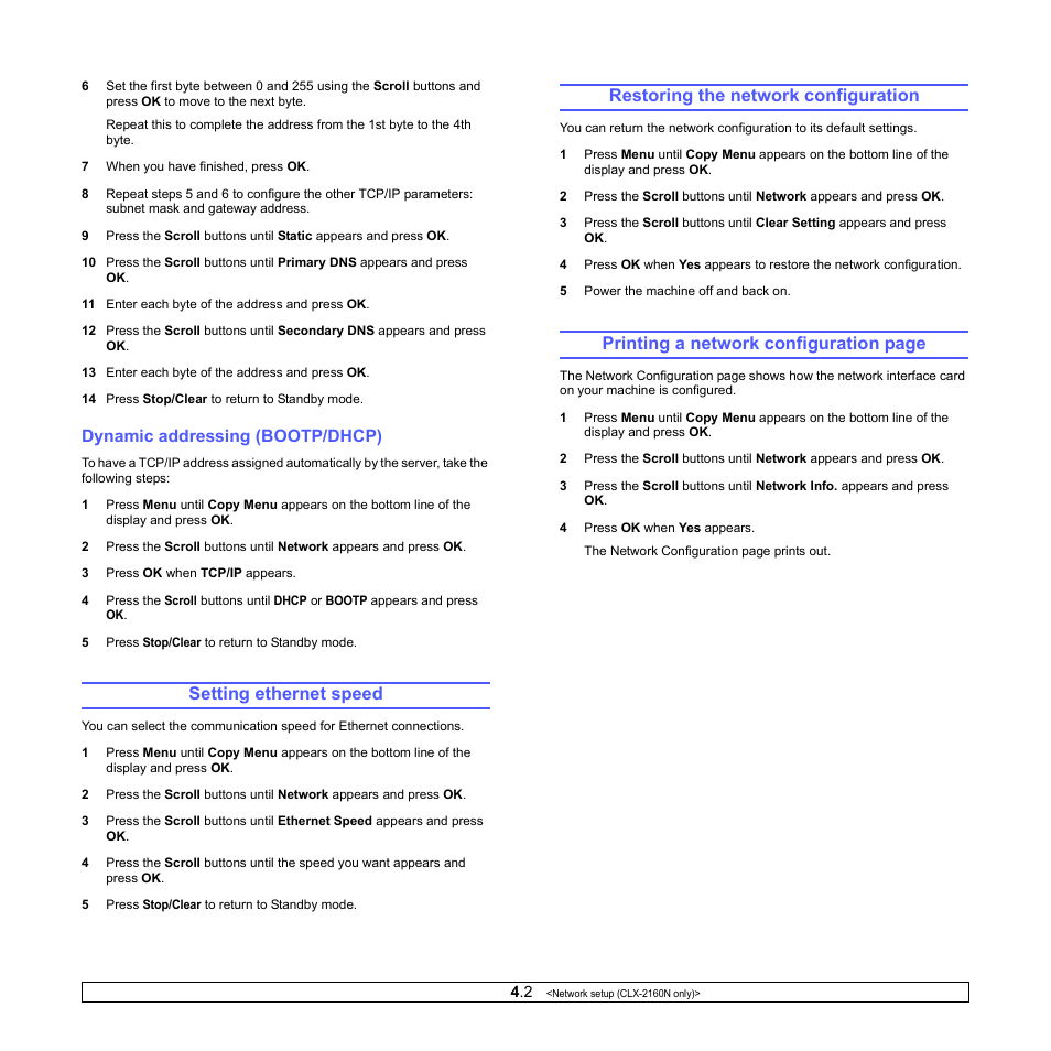 Dynamic addressing (bootp/dhcp), Setting ethernet speed, Restoring the network configuration | Printing a network configuration page | Samsung CLX-216x User Manual | Page 22 / 117