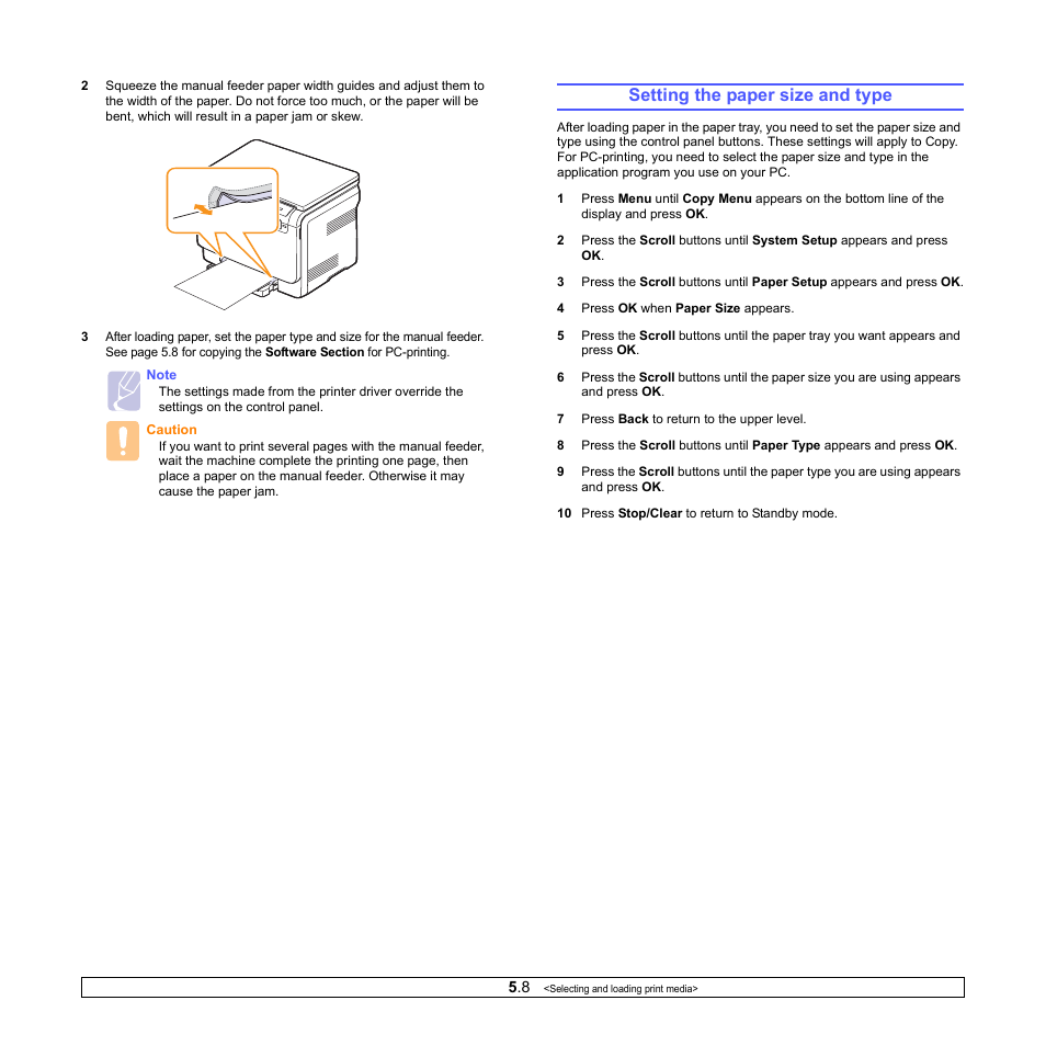 Setting the paper size and type, Age 5.8), Ge 5.8) | Samsung CLX-216x User Manual | Page 30 / 117