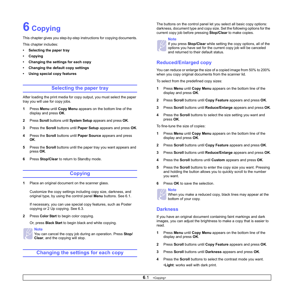 Copying, Selecting the paper tray, Changing the settings for each copy | Reduced/enlarged copy, Darkness, Reduced/enlarged copy darkness | Samsung CLX-216x User Manual | Page 31 / 117