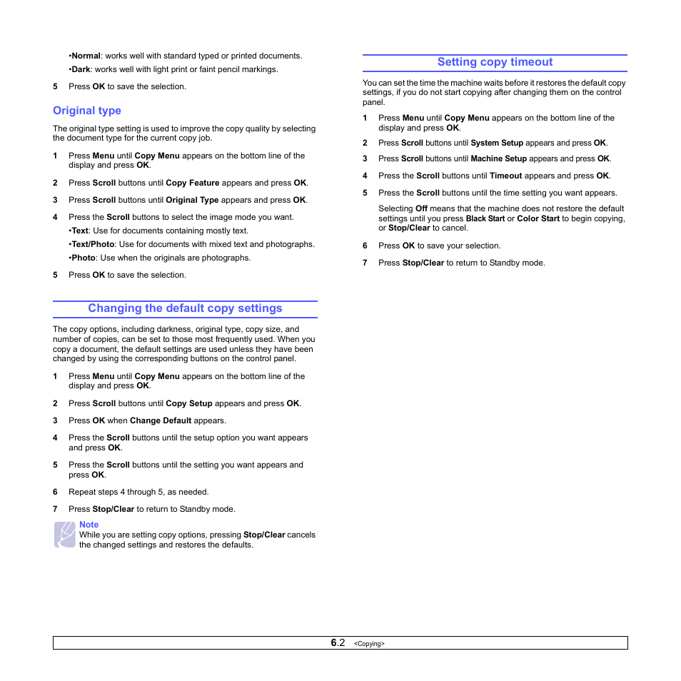 Original type, Changing the default copy settings, Setting copy timeout | Samsung CLX-216x User Manual | Page 32 / 117