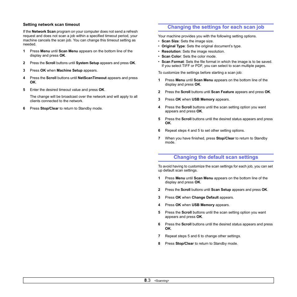 Changing the settings for each scan job, Changing the default scan settings | Samsung CLX-216x User Manual | Page 39 / 117