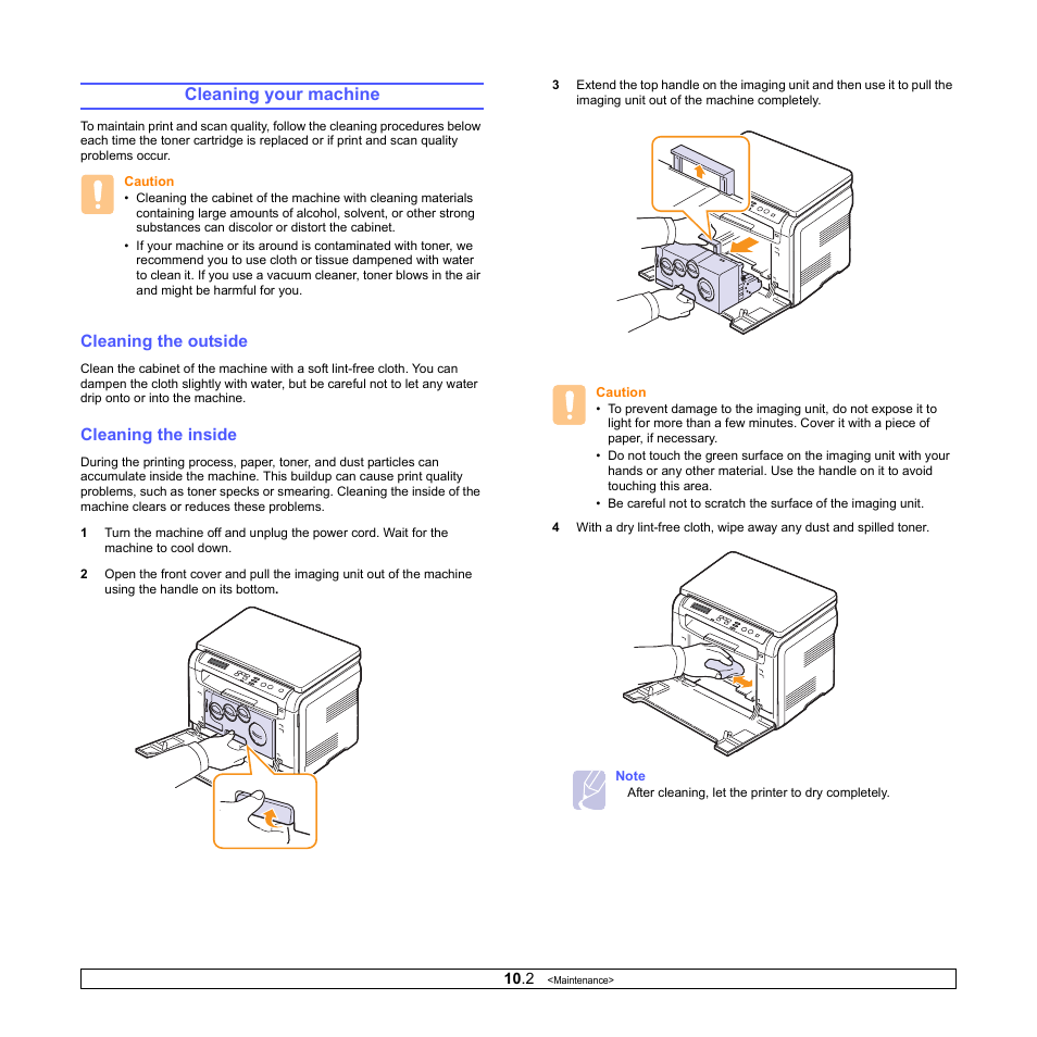 Cleaning your machine, Cleaning the outside, Cleaning the inside | Cleaning the outside cleaning the inside | Samsung CLX-216x User Manual | Page 45 / 117