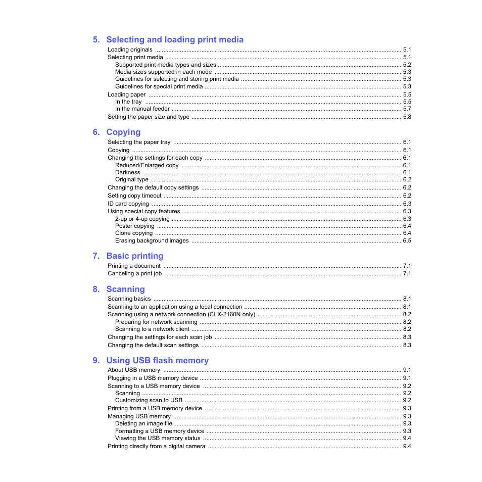 Selecting and loading print media, Copying, Basic printing | Scanning | Samsung CLX-216x User Manual | Page 5 / 117