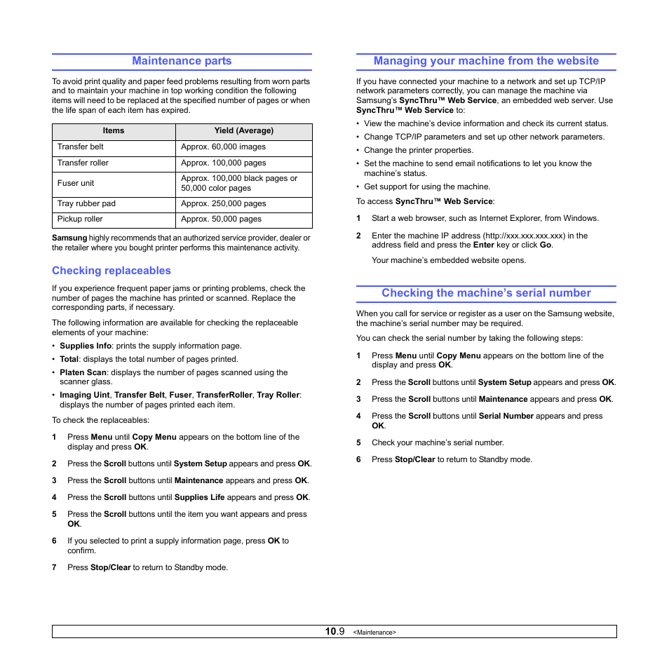 Maintenance parts, Checking replaceables, Managing your machine from the website | Checking the machine’s serial number, Age 10.9) | Samsung CLX-216x User Manual | Page 52 / 117