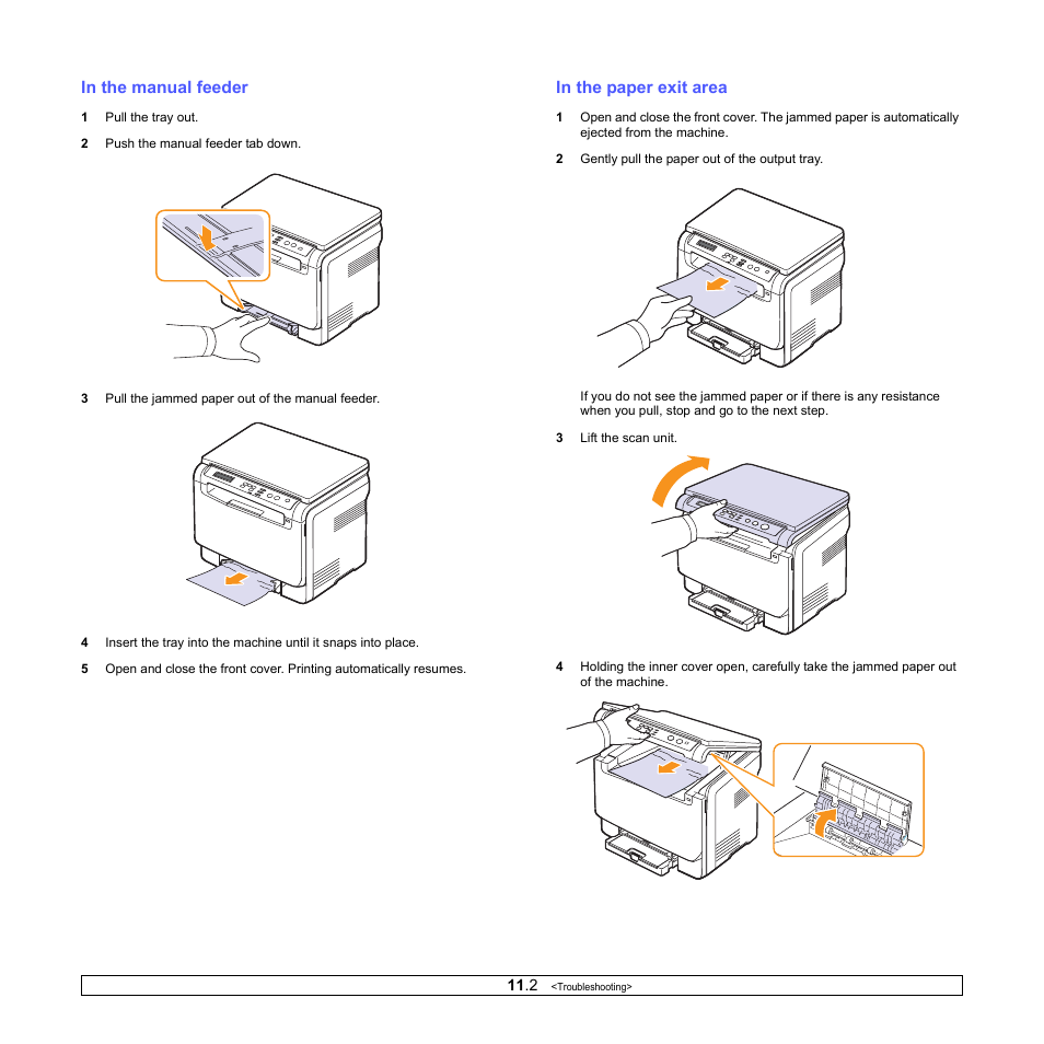 In the manual feeder, In the paper exit area, In the manual feeder in the paper exit area | Samsung CLX-216x User Manual | Page 54 / 117