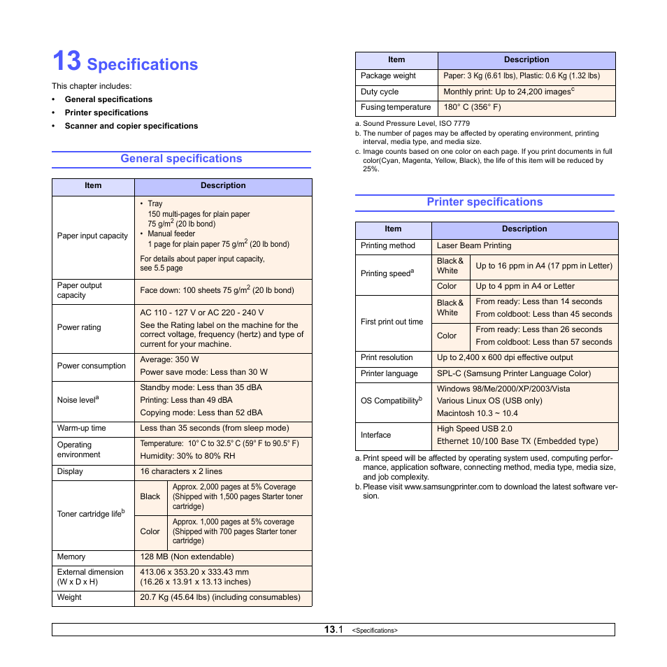 Specifications, General specifications, Printer specifications | General specifications printer specifications | Samsung CLX-216x User Manual | Page 68 / 117