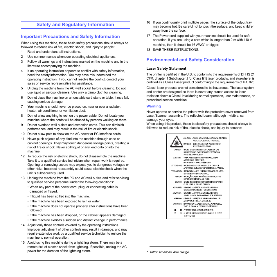 Safety and regulatory information, Important precautions and safety information, Environmental and safety consideration | Samsung CLX-216x User Manual | Page 7 / 117