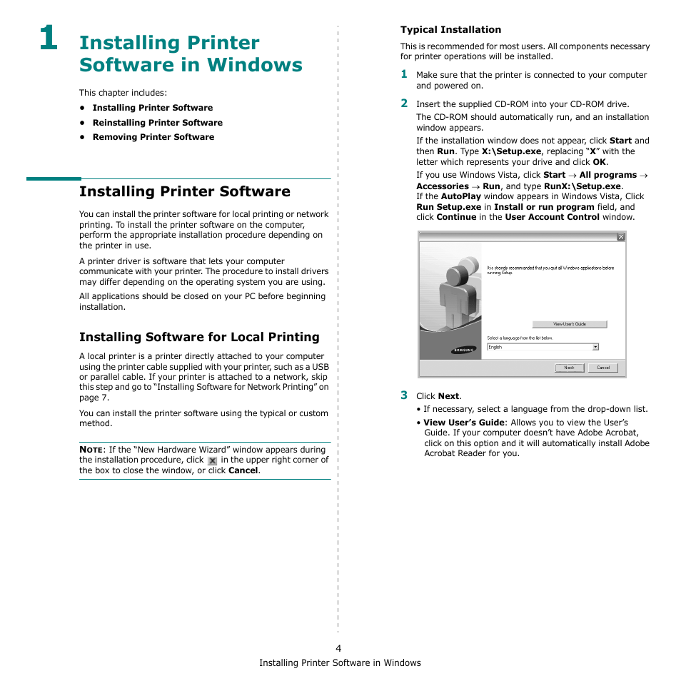 Installing printer software in windows, Installing printer software, Installing software for local printing | Chapter 1, Nstalling, Rinter, Oftware, Indows | Samsung CLX-216x User Manual | Page 76 / 117