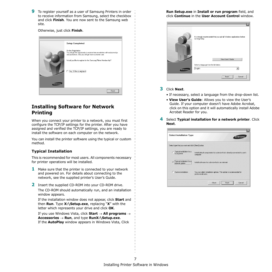 Installing software for network printing | Samsung CLX-216x User Manual | Page 79 / 117