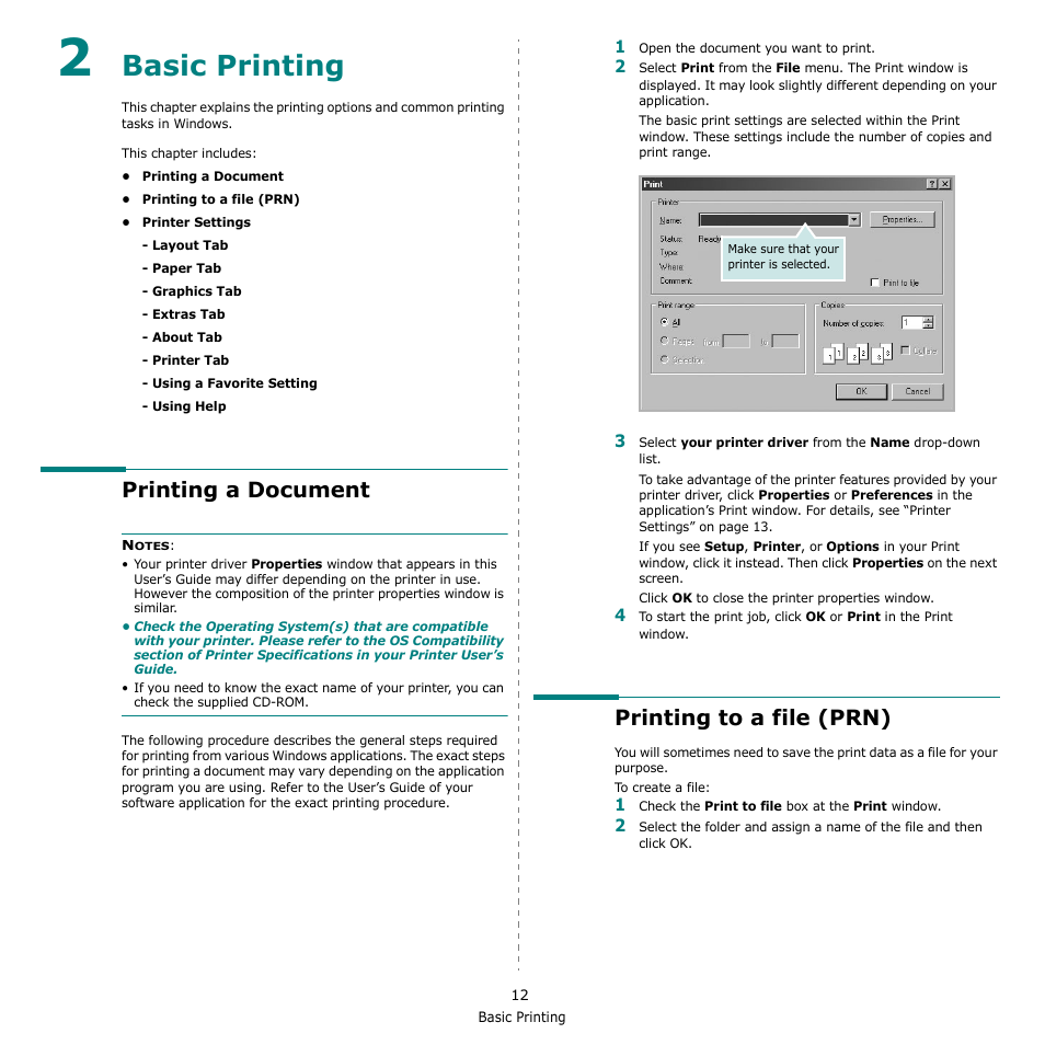 Basic printing, Printing a document, Printing to a file (prn) | Chapter 2, Asic, Rinting, Printing a document printing to a file (prn) | Samsung CLX-216x User Manual | Page 84 / 117