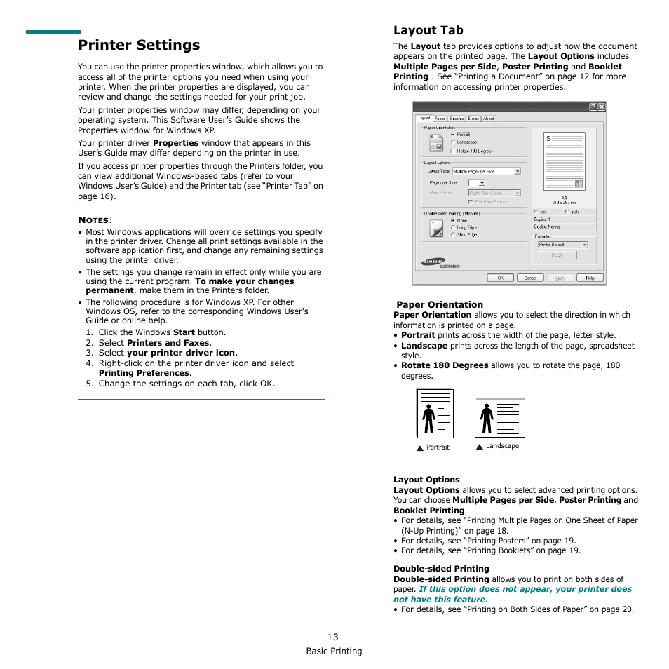 Printer settings, Layout tab, Ee “printer | Samsung CLX-216x User Manual | Page 85 / 117