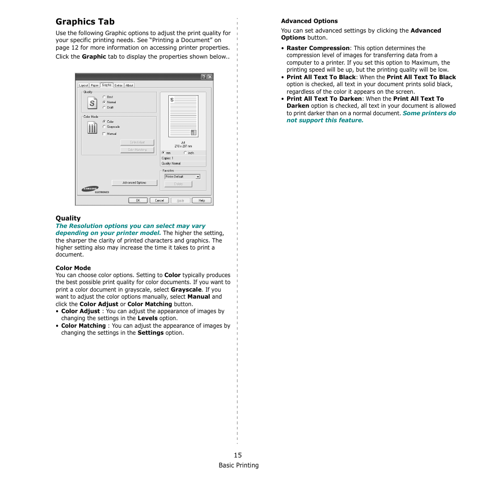 Graphics tab | Samsung CLX-216x User Manual | Page 87 / 117