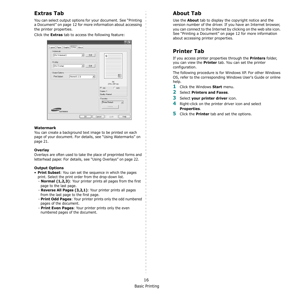 Extras tab, About tab, Printer tab | Extras tab about tab printer tab, Extras tab - about tab - printer tab | Samsung CLX-216x User Manual | Page 88 / 117