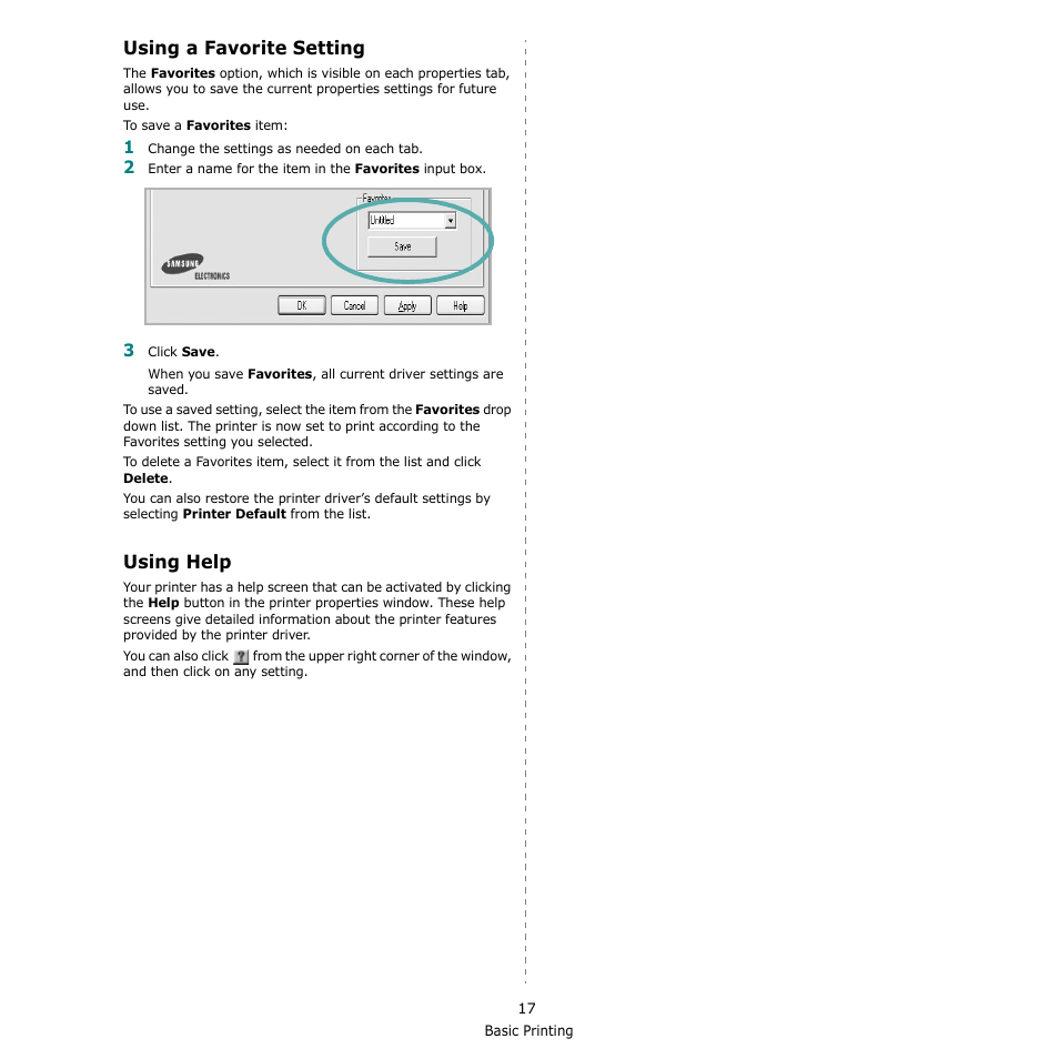 Using a favorite setting, Using help, Using a favorite setting using help | Using a favorite setting - using help | Samsung CLX-216x User Manual | Page 89 / 117