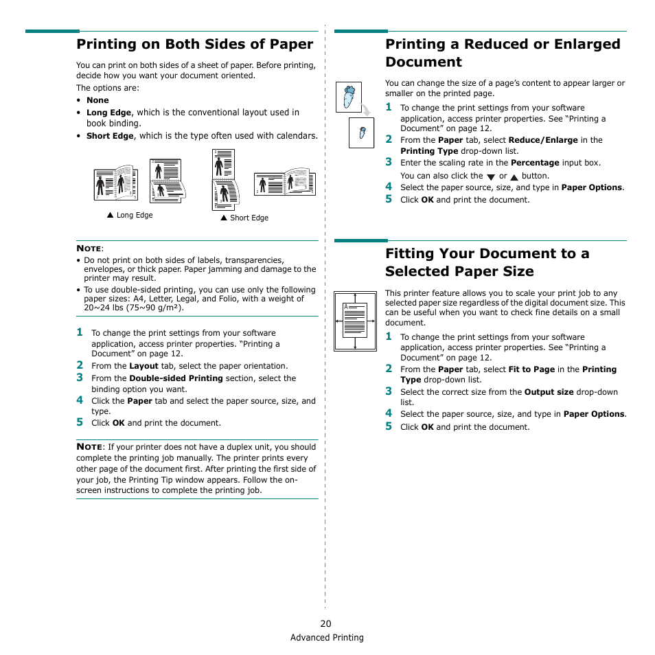 Printing on both sides of paper, Printing a reduced or enlarged document, Fitting your document to a selected paper size | Printing a reduced or enlarged document” on, Fitting your document to a selected paper | Samsung CLX-216x User Manual | Page 92 / 117