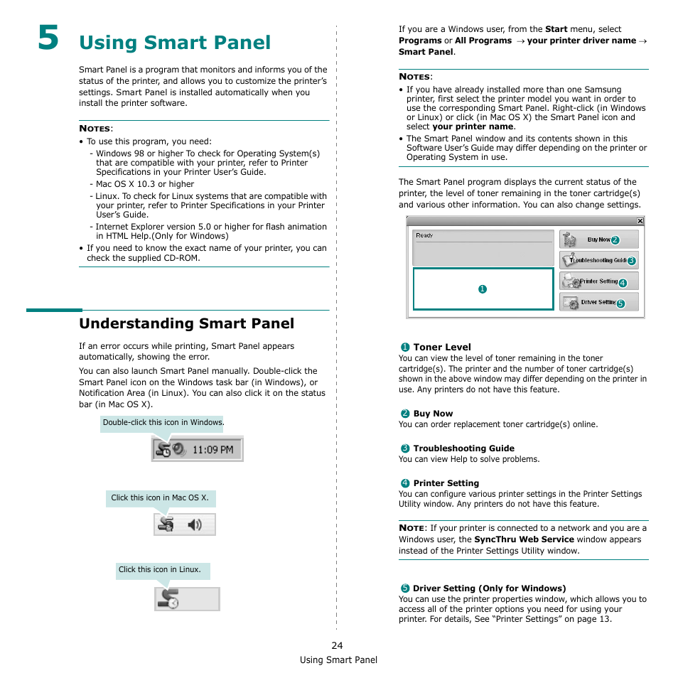 Using smart panel, Understanding smart panel, Chapter 5 | Sing, Mart, Anel | Samsung CLX-216x User Manual | Page 96 / 117