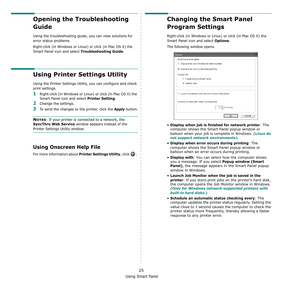 Opening the troubleshooting guide, Using printer settings utility, Using onscreen help file | Changing the smart panel program settings | Samsung CLX-216x User Manual | Page 97 / 117